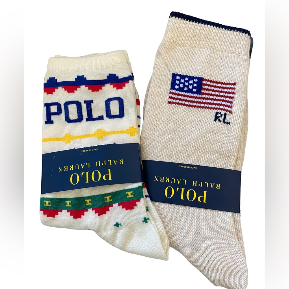 POLO RALPH LAUREN Women’s Cream Flag on Rag and Fair Isle Crew Socks Size: 9-11